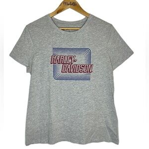 Harley Davidson Retro Logo Heather Gray Red Blue Biker Graphic Tee Women’s XL